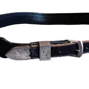 sz 38 Vintage Western Leather Belt Engraved Tackle Woven  Braided Pattern 1980's